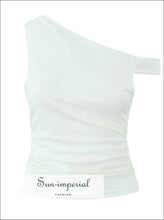 One-shoulder Ruched Crop Top with Short Sleeve asymmetrical top women, casual women top, everyday crop fitted minimalist Sun-Imperial