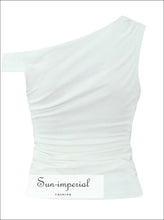 One-shoulder Ruched Crop Top with Short Sleeve asymmetrical top women, casual women top, everyday crop fitted minimalist Sun-Imperial