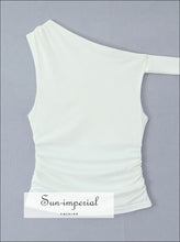 One-shoulder Ruched Crop Top with Short Sleeve asymmetrical top women, casual women top, everyday crop fitted minimalist Sun-Imperial