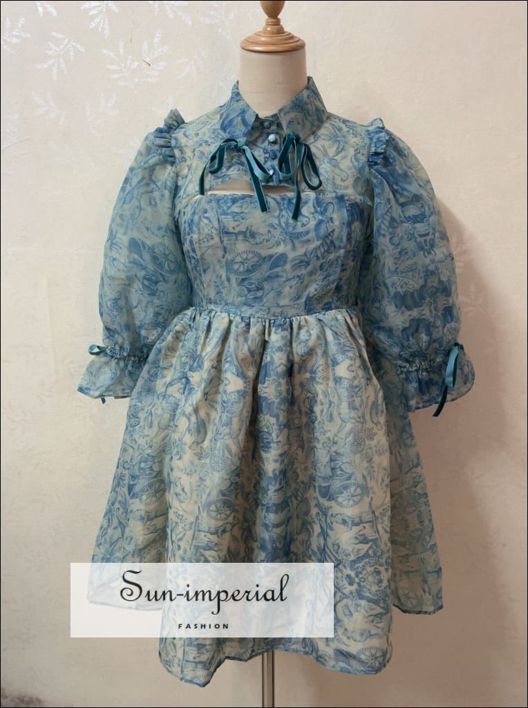 Sun-imperial - women Blue bird print puff strapless a-line pleated mini dress with matchings sleeve Blue / S Sun-imperial - women Blue bird print puff strapless a-line pleated mini dress with matchings sleeve Blue / S
