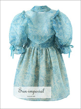 Women Blue Bird Print Puff Strapless A-line Pleated Mini Dress With Matchings Sleeve Detail Sun-Imperial United States