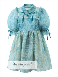 Women Blue Bird Print Puff Strapless A-line Pleated Mini Dress With Matchings Sleeve Detail Sun-Imperial United States