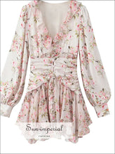 Pink Floral Puff Sleeve Chiffon Mini Dress – Holiday & Casual Shirt casual dress, chiffon flower print, holiday mini dress Sun-Imperial