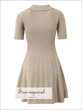 Preppy Knit Lapel V-neck Mini Dress with Short Sleeves a line mini dress, casual preppy everyday women knitted lapel dress Sun-Imperial