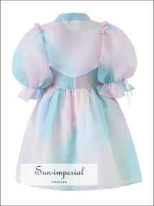 The Rainbow Delight Mini Dress - Women’s Short Sleeve Puff Organza With Gradient Color Print And Bow Detail Ball gown mini length, bandage