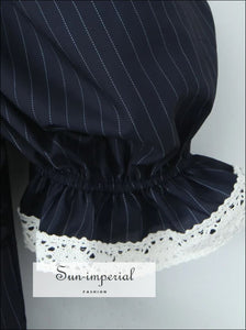 Women’s A-line Navy Striped Mini Dress with White Lace Detail A-Line With Sun-Imperial United States