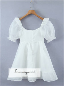 Princess White Organza Short Puff Sleeve Square Neckline A-line Pleated Mini Dress With Ruffle Detail Sun-Imperial United States