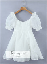 Princess White Organza Short Puff Sleeve Square Neckline A-line Pleated Mini Dress With Ruffle Detail Sun-Imperial United States