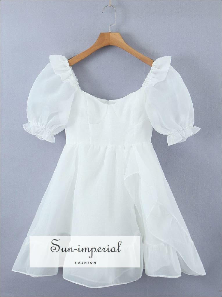 white organza puff sleeve mini dress Ivory Oasis Stretch Crepe With Organza Puff Sleeve Bridal Mini Dress