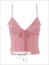 Red Gingham Plaid Bow Ruched V-neck Camisole – Slim Summer Crop Top Detail, Casual Summer, Blouse, Camisole, Sun-Imperial United States