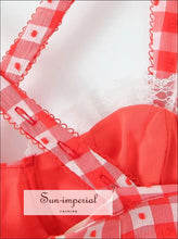 Red Plaid Corset-style Sling Mini Dress with Lace Hem boutique women dress, corset mini fitted lace hem mesh dress Sun-Imperial United