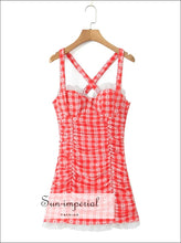 Red Plaid Corset-style Sling Mini Dress with Lace Hem boutique women dress, corset mini fitted lace hem mesh dress Sun-Imperial United
