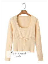French-style Pointelle Knit Button-front Cropped Cardigan boutique knitwear, bow waist cardigan, button front cropped cardigan women,