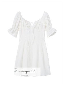 Women’s White Embroidery Short Puff Sleeve Mini Dress With Lace And Square Collar Detail Sun-Imperial United States