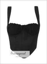 Ruched Bow Camisole Crop Top with Slash Neckline back button top, bow detail camisole crop everyday women fitted top Sun-Imperial United