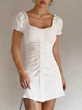 Ruched Button-Front Puff Sleeve Mini Dress - Sun Imperial (photo 3)