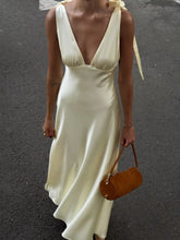 Satin Tie Shoulder Deep V-Neck Dress - Sun Imperial (photo 1)