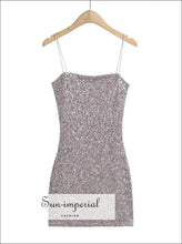 Sequin Sling Mini Dress with Slash Neckline boutique party dress, bright gray fitted sequin night out mini dress Sun-Imperial United States