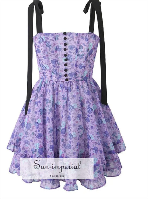 Women’s Purple Floral Layered Ruffle Mini Dress with Cross Lace Up Back Detail With Sun-Imperial United States