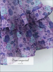 Women’s Purple Floral Layered Ruffle Mini Dress with Cross Lace Up Back Detail With Sun-Imperial United States