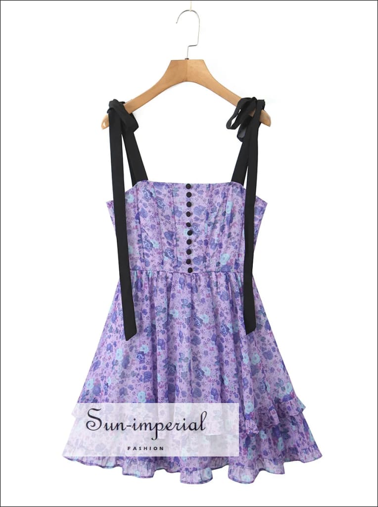 Women’s Purple Floral Layered Ruffle Mini Dress with Cross Lace Up Back Detail With Sun-Imperial United States