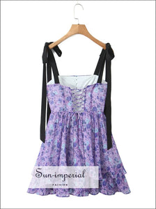 Women’s Purple Floral Layered Ruffle Mini Dress with Cross Lace Up Back Detail With Sun-Imperial United States