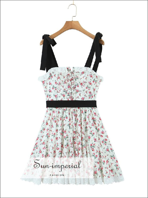 Women’s White Rose Print A-line Mini Dress With Black Bow Tie Strap And Lace Detail A-Line Sun-Imperial United States