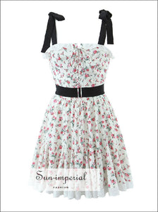 Sun-imperial - women's white rose print a-line mini dress with black bow tie strap and lace detail Sun-Imperial Sun-imperial - women's white rose print a-line mini dress with black bow tie strap and lace detail Sun-Imperial