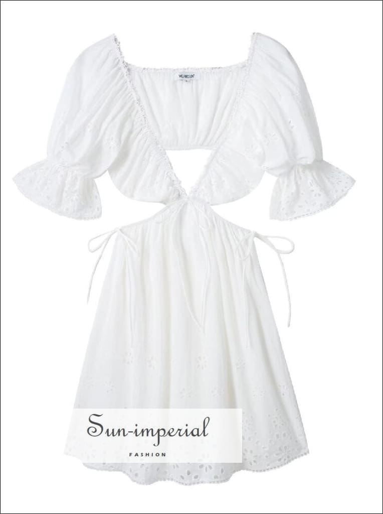 Women’s White Embroidery Cut Out Waist Backless Mini Dress With Short Puff Sleeve Detail Sun-Imperial United States