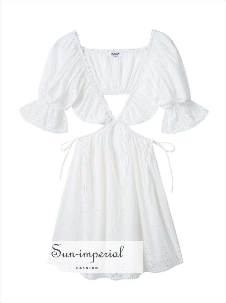 Sun-imperial - women's white embroidery cut out waist backless mini dress with short puff sleeve Sun-Imperial Sun-imperial - women's white embroidery cut out waist backless mini dress with short puff sleeve Sun-Imperial
