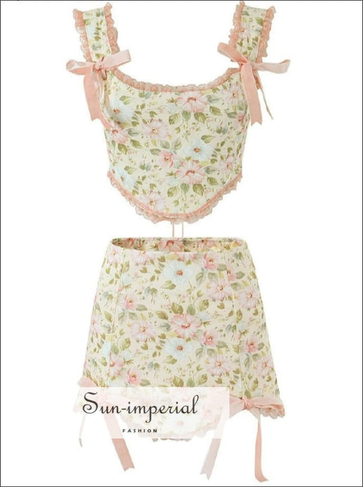 Creamy Floral Print Asymmetric Mini Skirt Tow Piece Set With Bow Tie And Lace Detail Sun-Imperial United States