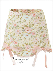 Creamy Floral Print Asymmetric Mini Skirt Tow Piece Set With Bow Tie And Lace Detail Sun-Imperial United States