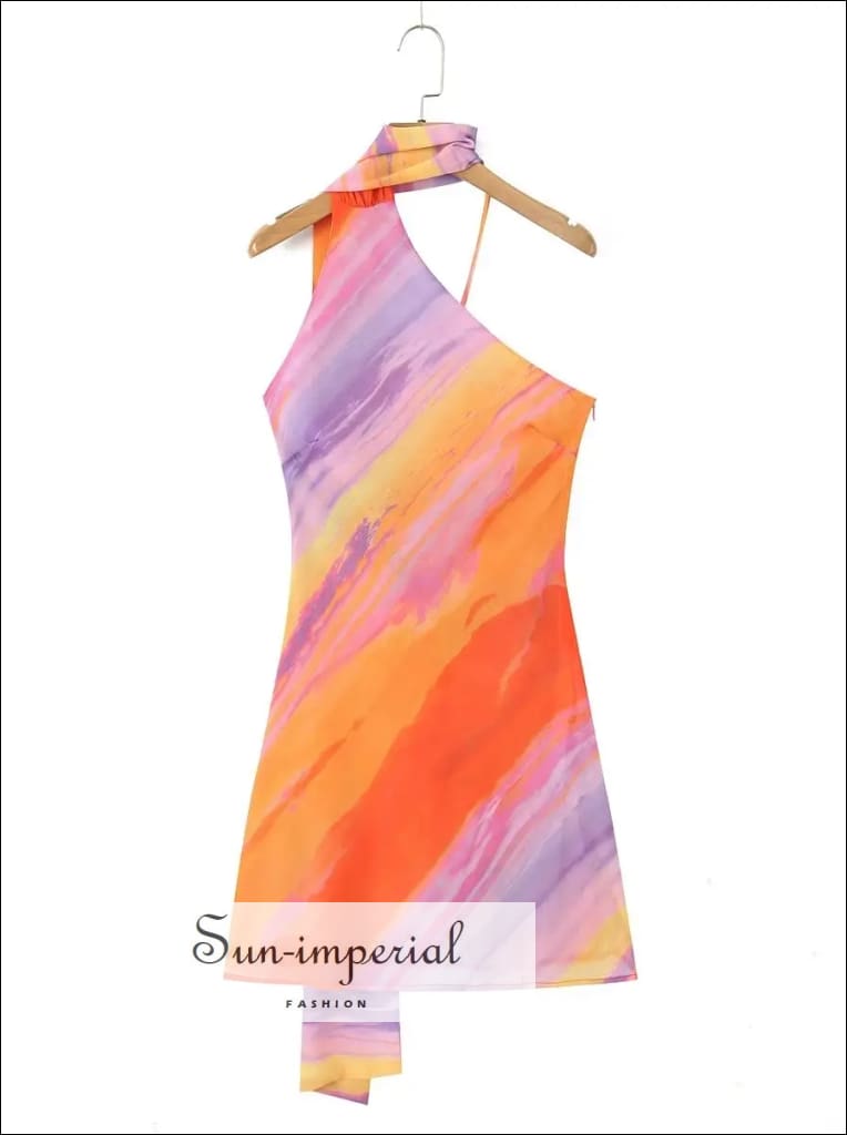 Women’s Halter Collar Orange Tie Dye Backless one Shoulder Mini Dress Sun-Imperial United States