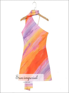 Women’s Halter Collar Orange Tie Dye Backless one Shoulder Mini Dress Sun-Imperial United States