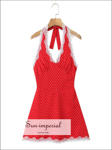 Women’s Red with White Dot Print Halter Backless Mini Dress Lace Detail With Sun-Imperial United States