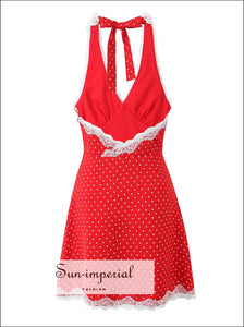 Women’s Red with White Dot Print Halter Backless Mini Dress Lace Detail With Sun-Imperial United States