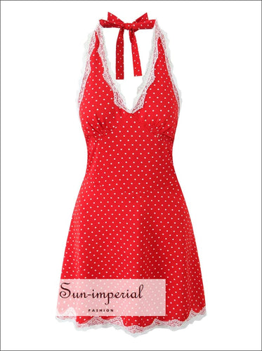 Women’s Red with White Dot Print Halter Backless Mini Dress Lace Detail With Sun-Imperial United States