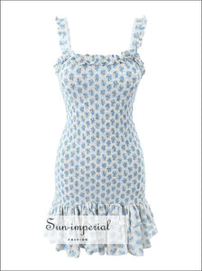 Women White Blue Flower Print A-line Sleeveless Mini Dress With Ruffle Detail Sun-Imperial United States