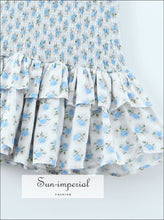 Women White Blue Flower Print A-line Sleeveless Mini Dress With Ruffle Detail Sun-Imperial United States