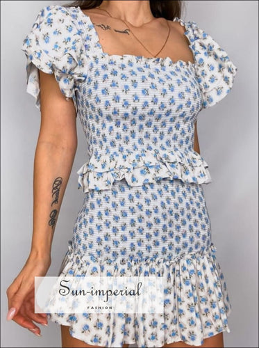 Women White With Blue Floral Print Two Piece Skirt Set Ruched Platted Beach Style Mini Ruffles Detial Sun-Imperial United States