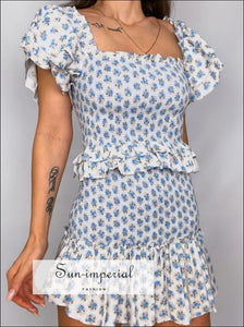 Women White With Blue Floral Print Two Piece Skirt Set Ruched Platted Beach Style Mini Ruffles Detial Sun-Imperial United States