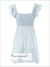 Women White Blue Flower Print A-line Mini Dress With Ruffle Strap And Ruched Bodice Detail A-Line Sun-Imperial United States