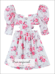 Women’s White Rose Print Puff Short Sleeve Cut Out Waist Mini Dress With Bow Tie Back Detail Sun-Imperial United States
