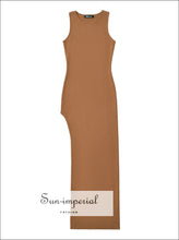 Sleeveless Knit O-neck Maxi Dress with Side Slit everyday long dress, knit maxi minimalist o neck sleeveless dress Sun-Imperial United