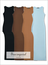 Sleeveless Knit O-neck Maxi Dress with Side Slit everyday long dress, knit maxi minimalist o neck sleeveless dress Sun-Imperial United