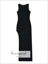 Sleeveless Knit O-neck Maxi Dress with Side Slit everyday long dress, knit maxi minimalist o neck sleeveless dress Sun-Imperial United