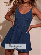 Smocked Back Adjustable Strap Denim Mini Dress Sun-Imperial United States