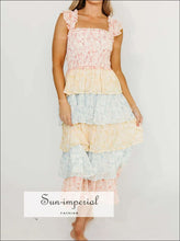 Smocked Ruffle Layered Floral Midi Dress Sun-Imperial United States