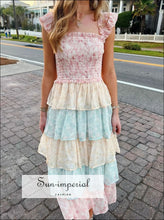 Smocked Ruffle Layered Floral Midi Dress Sun-Imperial United States