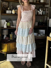 Smocked Ruffle Layered Floral Midi Dress Sun-Imperial United States